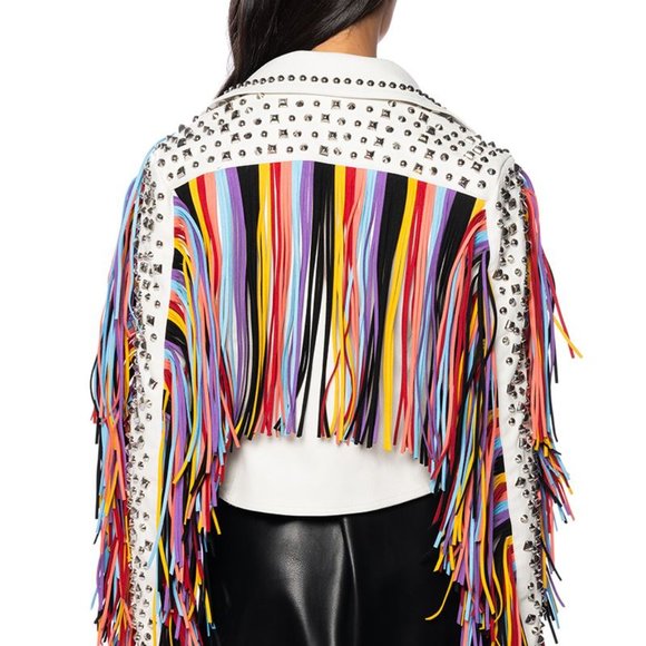Miz God's Promise: Rainbow Fringe Studded Moto Jacket L XL - Picture 3 of 7